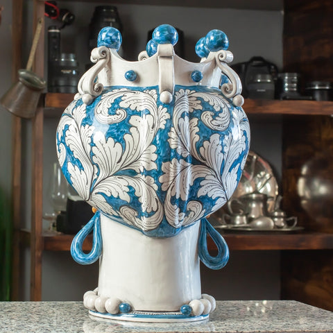 CÉRAMIQUE SICILIENNE BRUN FONCÉ CALTAGIRONE BLEU FLORAL CM 42