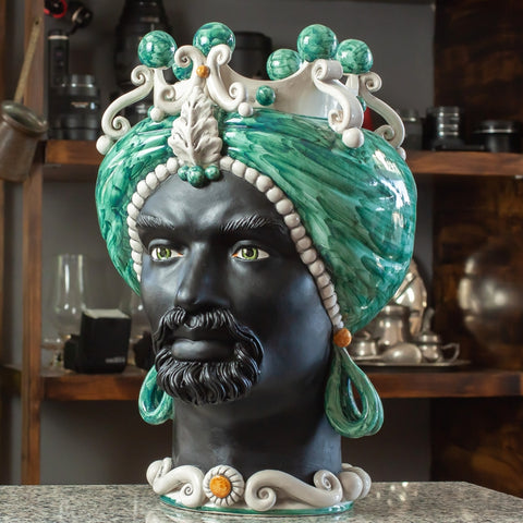 CÉRAMIQUE SICILIENNE BRUN FONCÉ CALTAGIRONE VERT ÉMERAUDE CM 42