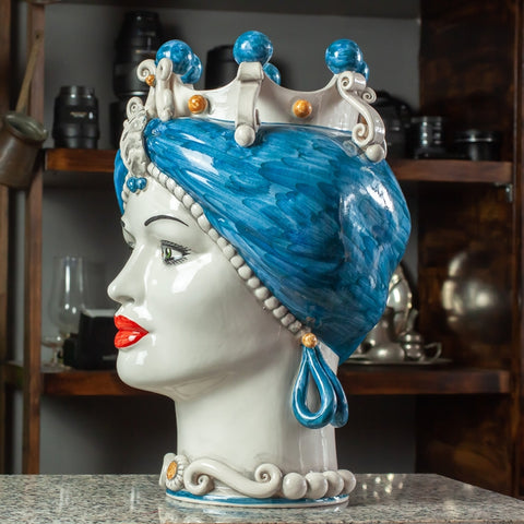 DARK BROWN SICILIAN CERAMIC CALTAGIRONE BLUE 42 CM