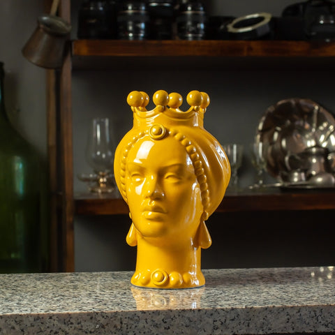 TÊTE SICILIENNE EN CÉRAMIQUE CALTAGIRONE JAUNE 23 CM