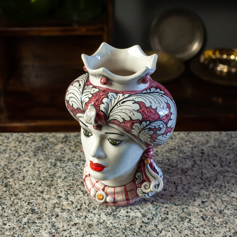 TESTA DI MORO CERAMICA SICILIANA CALTAGIRONE TURBANTE ROSSO ANTICO CM 23