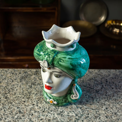 HEAD SICILIAN CERAMIC CALTAGIRONE TURBANT GREEN CM 23