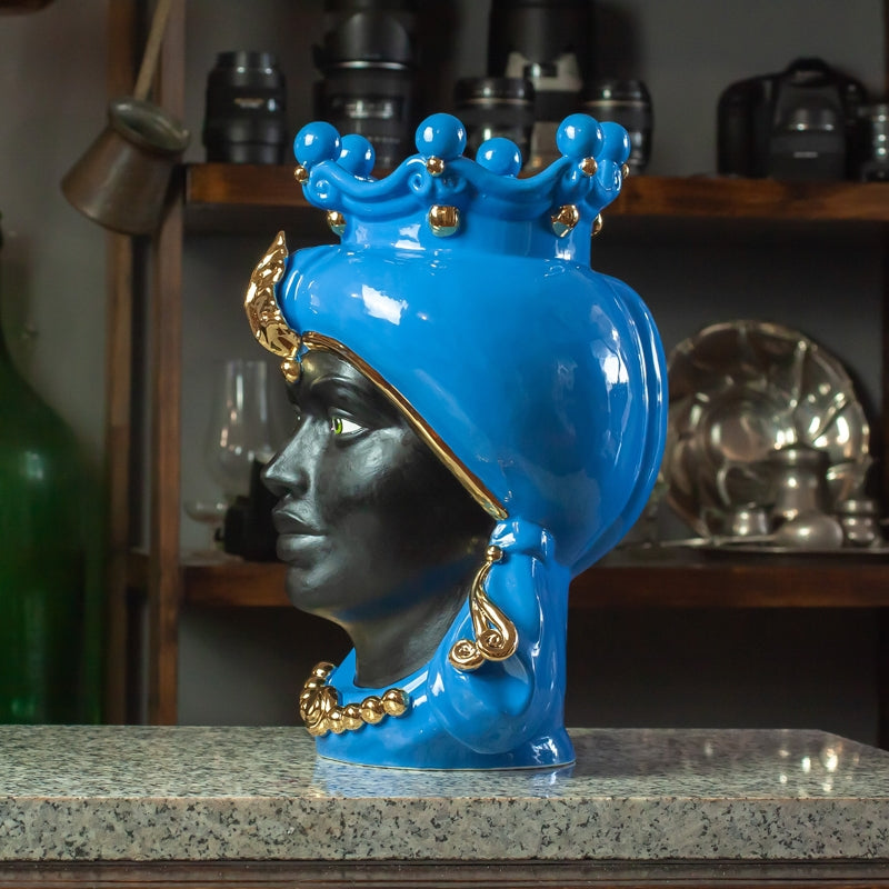 TESTA DI MORO CERAMICA SICILIANA CALTAGIRONE BLU LUXURY GOLD CM 35