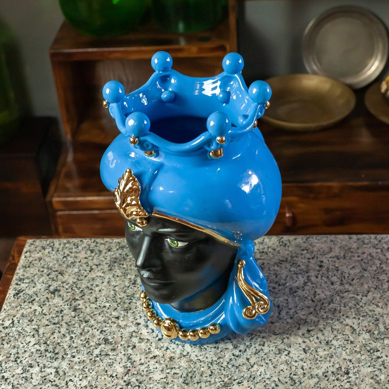 TESTA DI MORO CERAMICA SICILIANA CALTAGIRONE BLU LUXURY GOLD CM 35