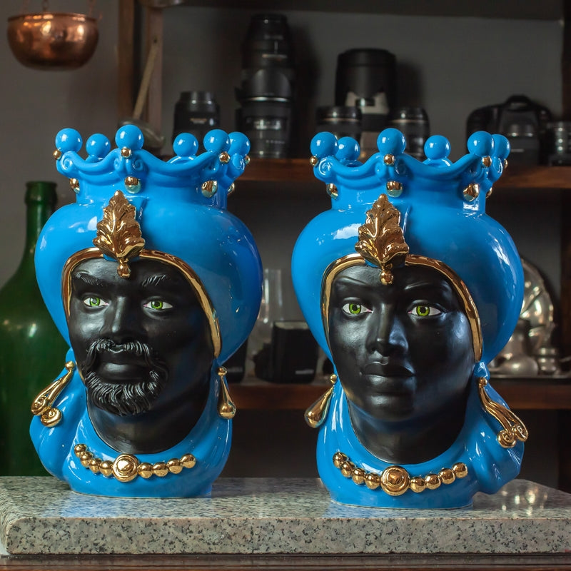 TESTA DI MORO CERAMICA SICILIANA CALTAGIRONE BLU LUXURY GOLD CM 35